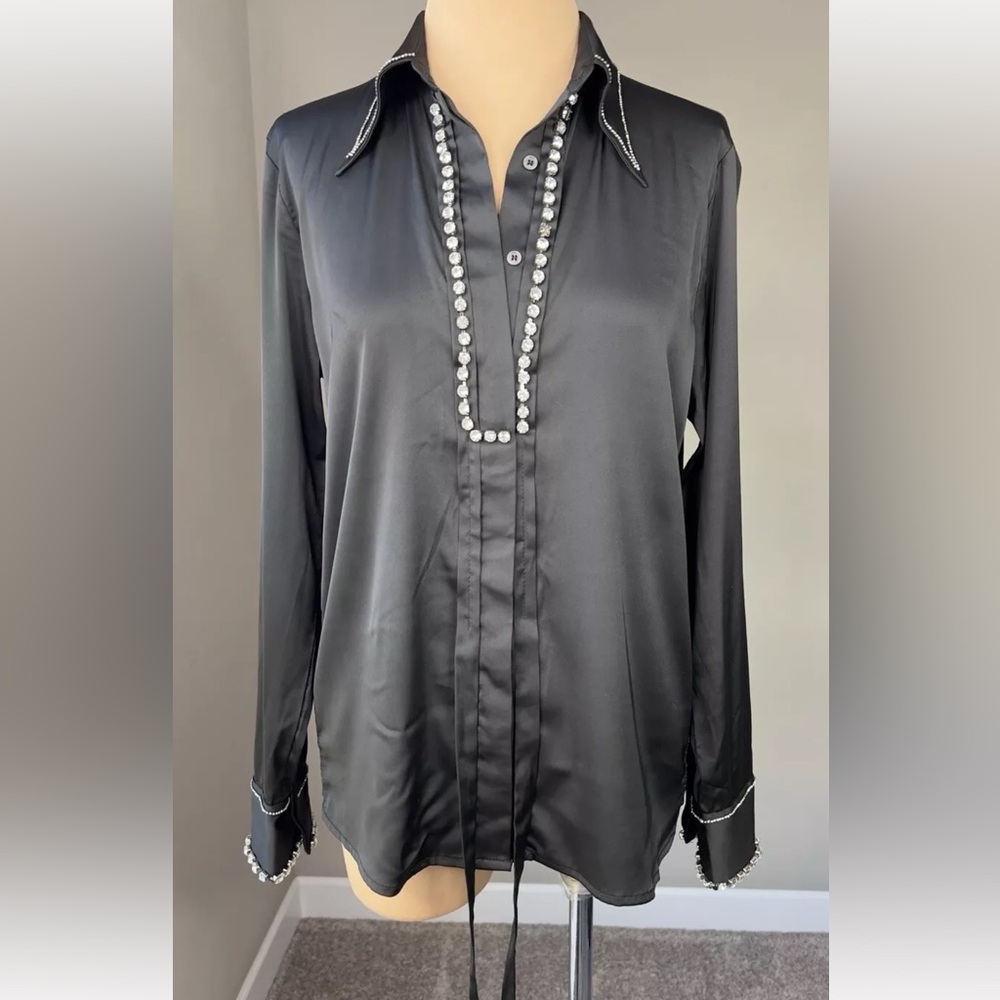 Chicyou Designer Brand Rhinestone Embellished Collar Cuff Black Satin Blouse S